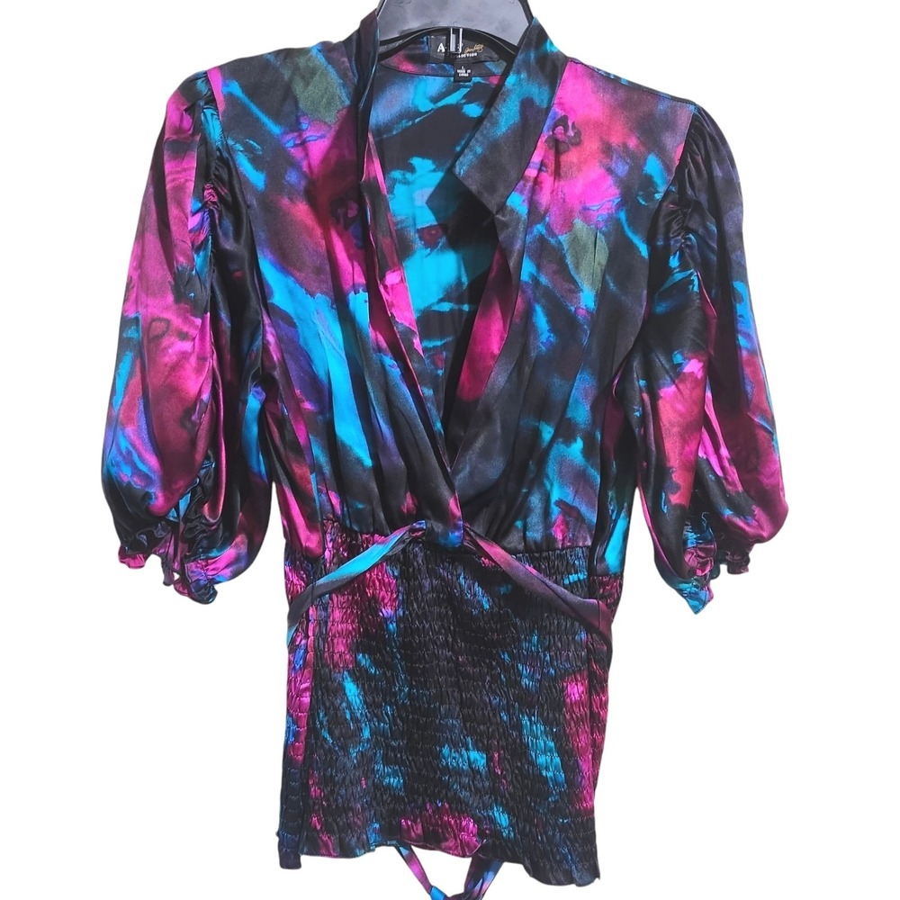 ABS Collection Silk Blouse Large Blue Pink Abstract Smocked Waist V-Neck Top
